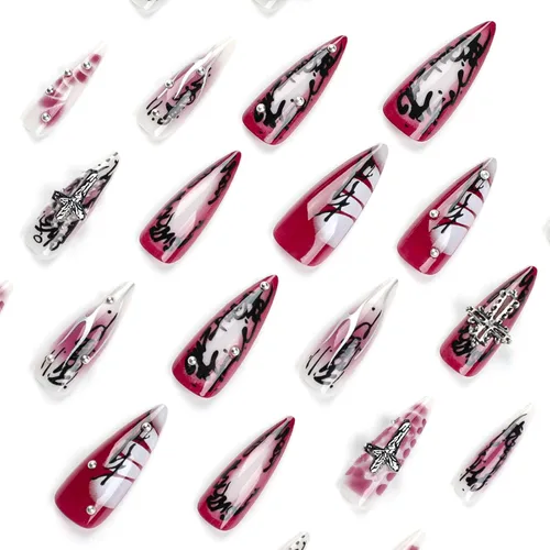 Vista 4 de MISUD Uñas a presión largas tipo Stiletto con pegamento de Rojo Gótico y Negro, diseño gótico cruzado acrílico, 24 piezas 02301Negro y Rojo
