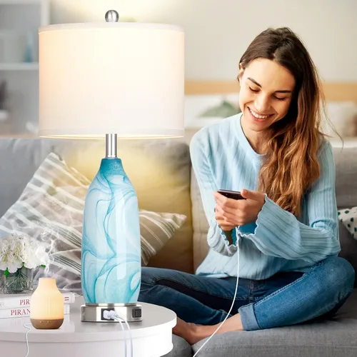 Vista 6 de Juego de 2 lámparas de mesa costeras de 26 pulgadas, modernas lámparas de mesa con puertos USB A+C y salida de CA, lámpara de mesita de noche