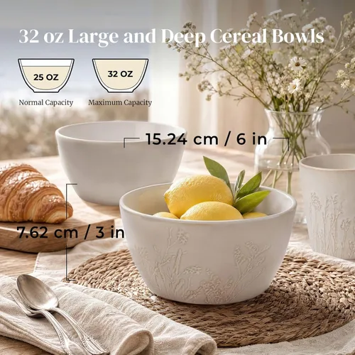Vista 2 de DOWAN Cuencos de cerámica de 32 onzas – Juego de 4 cuencos de sopa grandes para cereales, ramen, pho, pasta y ensalada – Cuencos de sopa apilables