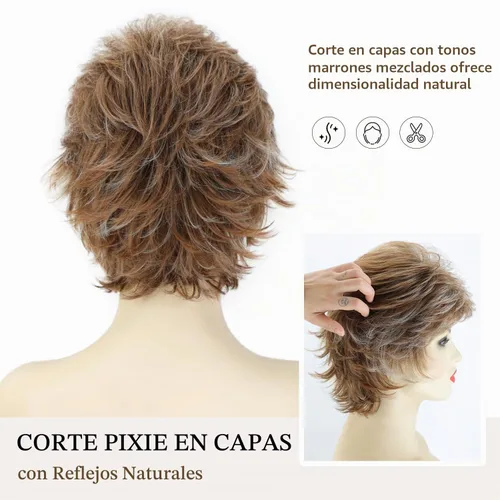 Vista 4 de SEVENCOLORS - Pelucas cortas onduladas de color marrón para mujeres blancas, peluca de cabello sintético con capas de rubio mezclado natural y rubio