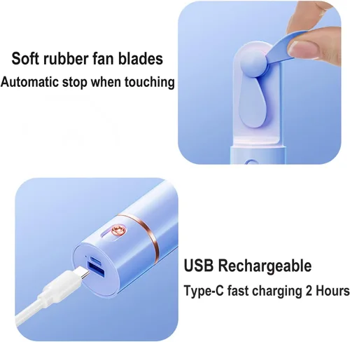 Vista 6 de AOCOOLFAN Ventilador de mano portátil, recargable por USB de 3 velocidades, ventilador de bolsillo pequeño personal de viaje para niñas y mujeres al