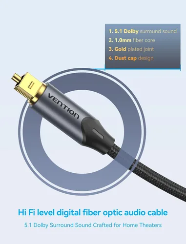 Vista 2 de VENTION TOSLINK - Cable de audio óptico, cable de fibra óptica trenzado de nailon de 3.3 pies, cable óptico de audio digital S/PDIF para barra