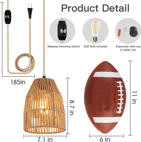 Vista 2 de Lámpara colgante enchufable, luces colgantes con cable de algodón dorado de 15 pies e interruptor de atenuación continuo, pantalla de cuerda