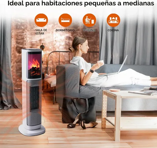Vista 8 de Comfort Zone Calentador de espacio de torre de 25 pulgadas con efecto de llama 3D, 1500 W/1000 W, temporizador de 8 horas, oscilación de 75°
