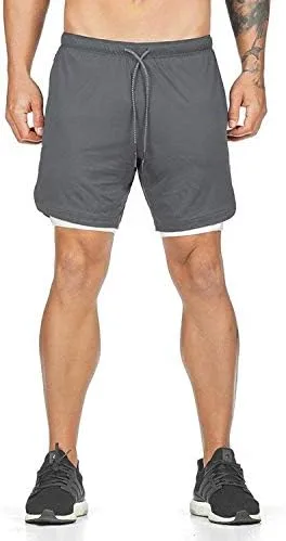 Vista 3 de CYF Pantalones cortos de correr 2 en 1 para hombre con bolsillos de secado rápido transpirables para entrenamiento de gimnasio activo
