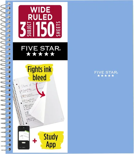 Vista 18 de Five Star, cuaderno en espiral, 3 materias, con papel rayado ancho, 150 hojas, 10-1/2 x 8 pulgadas, Amarillo