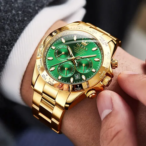 Vista 3 de OLEVS Relojes de oro automáticos para hombres, de lujo, clásicos, de acero inoxidable, calendario, luminosos, impermeables, para hombres