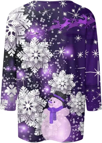 Vista 4 de Christmas Top for Women Dressy 34 Sleeves Graphic Printed T-Shirt Snowflake Tee O-Neck Outdoor Tshirts Flowy Blouses