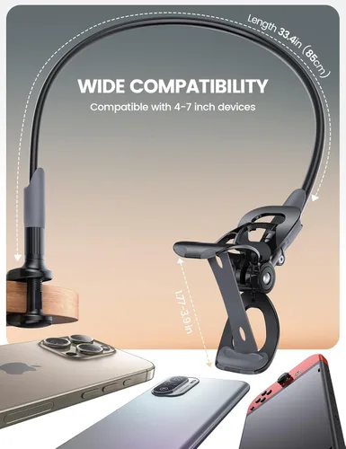 Vista 5 de Lamicall Soporte para teléfono con cuello de cisne para cama, clip de abrazadera de montaje para teléfono celular, brazo largo flexible, montaje