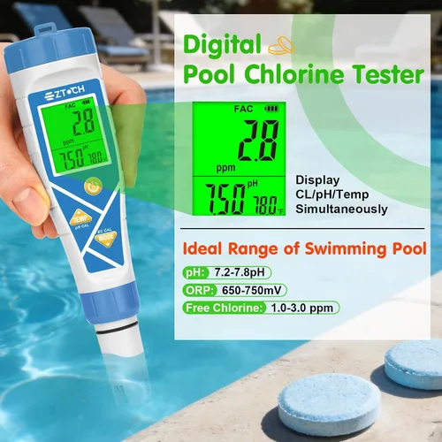 Vista 2 de Piscina pH sal y cloro probador 8 en 1 pH digital Salinidad TDS EC cloro ORP H2 para piscina de agua salada, bañera de hidromasaje, hidropónico