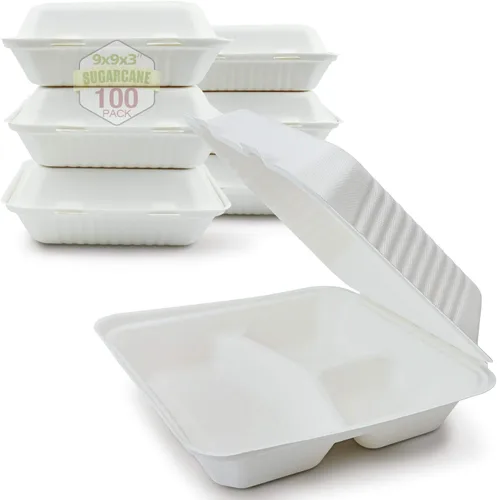 Vista 14 de Green Earth Concha compostable de 6 pulgadas, 100 unidades ecológicas Bagazo natural, cajas para llevar, tapa con bisagras, apta para microondas