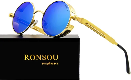 Vista 2 de RONSOU - Lentes de sol polarizados estilo steampunk redondas y vintage, con protección UV400, con marco