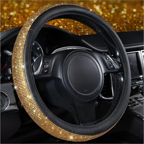 Vista 21 de CAR PASS Funda para volante de cuero beige con diamantes brillantes, cristales blancos brillantes con purpurina y pedrería, ajuste universal de 14