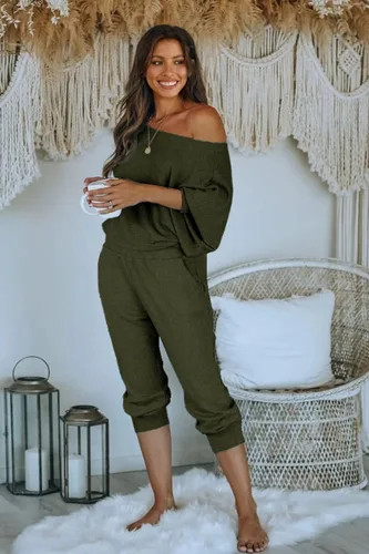 Vista 5 de PRETTYGARDEN Conjunto deportivo acanalado de 2 piezas para mujer hombros descubiertos manga larga sin botones pantalones largos con bolsillos
