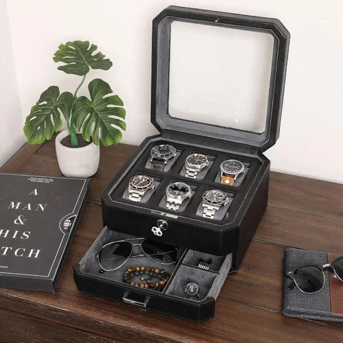 Vista 3 de ROTHWELL Juego de regalo Caja de reloj de cuero con 6 ranuras y funda de viaje a juego para 5 relojes, organizador de exhibición de lujo