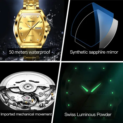 Vista 5 de OUPINKE Relojes automáticos de lujo para hombre, de cuerda automática, mecánico, de diamante, de acero de tungsteno, impermeable, luminoso