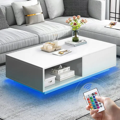 Vista 3 de COSVALVE Mesa de centro LED blanca brillante con 16 luces de colores, mesa auxiliar para sala de estar, moderna mesa de sofá brillante con cajón