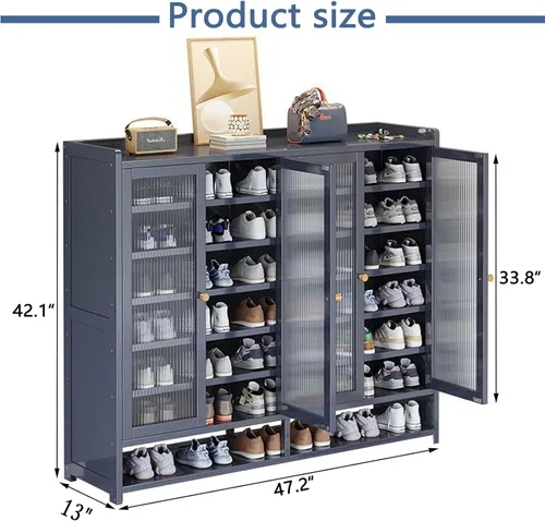 Vista 2 de Zapatero de 8 niveles con puertas, armario grande de almacenamiento de zapatos para entrada, organizador de zapatos de bambú para 36-40 pares