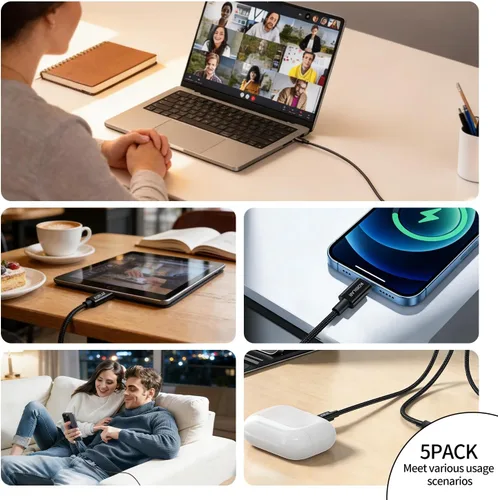 Vista 8 de Cable USB C a USB C, carga súper rápida de 100 W 5 A, PD 3.0, tipo C a tipo C, paquete de 5 (5 pies), para iPhone 17/16 Pro Max, iPad Pro, Samsung
