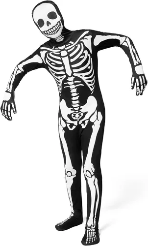 Vista 4 de Spooktacular Creations Disfraz de esqueleto para niños, overol de esqueleto aterrador, fiestas de disfraces de Halloween, fiesta temática del día