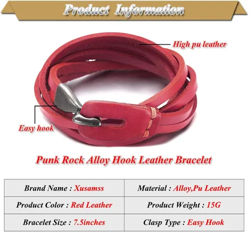 Vista 2 de Xusamss Punk Rock Metal Easy Hook pulsera de cuero brazalete de cuero,7.5" muñeca