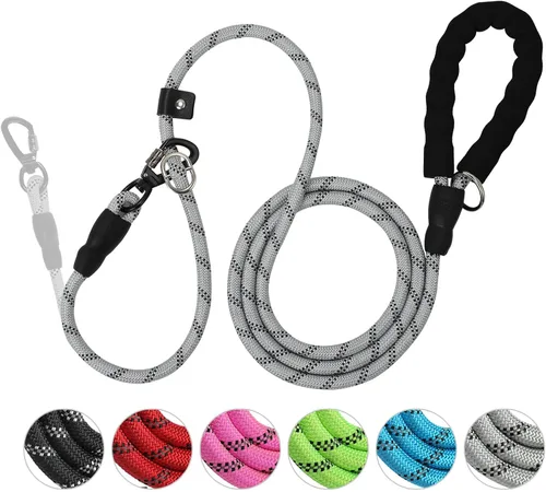 Vista 7 de Correa deslizante para perro de 6 pies, ajustable y desmontable con gancho de entrenamiento reflectante, cuerda trenzada sin tirones con mango