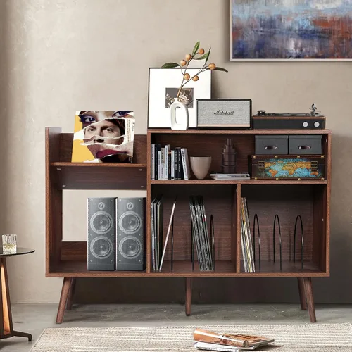Vista 7 de Mid-Century - Moderno soporte para tocadiscos, mesa de almacenamiento de discos de vinilo con patas de madera, soporte para tocadiscos, soporte