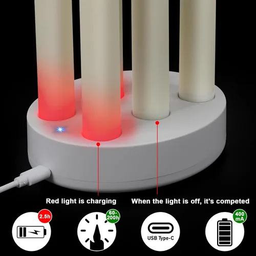 Vista 2 de Velas cónicas recargables sin llama, 6 unidades, velas LED cónicas parpadeantes con estación de carga y temporizador remoto para boda, Navidad
