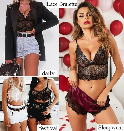 Vista 4 de ZIJEFA Conjunto de pijama de satén de 4 piezas con ribete de encaje floral y bata para mujer