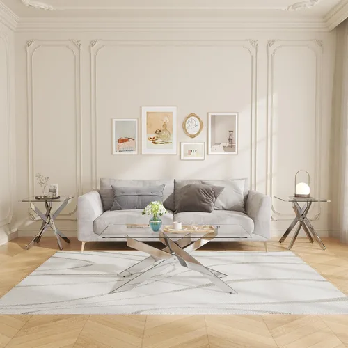 Vista 10 de Mesa de centro de cristal de 47 pulgadas con parte superior de vidrio templado y patas de metal dorado, mesa central rectangular moderna para sala