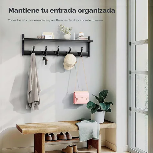 Vista 5 de Tatub Perchero rústico de 29 pulgadas con estante, ganchos de pared de entrada con estante, perchas para baño, sala de estar, dormitorio, negro