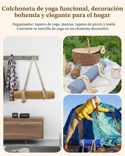 Vista 7 de Correas para esterilla de yoga para llevar, hechas a mano, trenzadas, bohemias, con borlas, correa de macramé, ajustable, gruesa, soporte