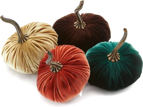 Vista 26 de Juego de 4 pequeñas calabazas de franela de terciopelo y algodón, decoración a cuadros de búfalo blanco y negro, estantes de calabaza negra