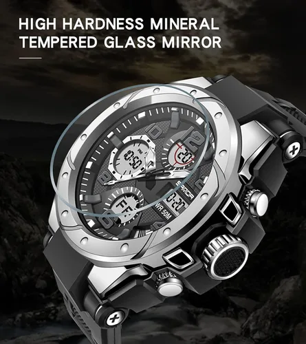 Vista 2 de Relojes deportivos para hombre, impermeables, con fecha, analógico, pantalla doble, multifunción, táctica, LED, alarma, cronómetro