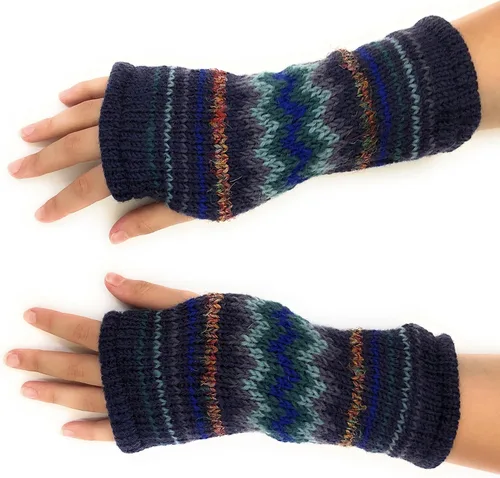 Vista 7 de Ella Sussman Guantes tejidos a mano sin dedos de invierno con rayas para usar pantalla táctil, forro interior de lana de lana suave y cálida Gris