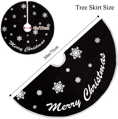 Vista 6 de HOHOTIME Falda de árbol de Navidad de arpillera, falda de árbol negro de 30 pulgadas con copos de nieve blancos y palabras de Feliz Navidad