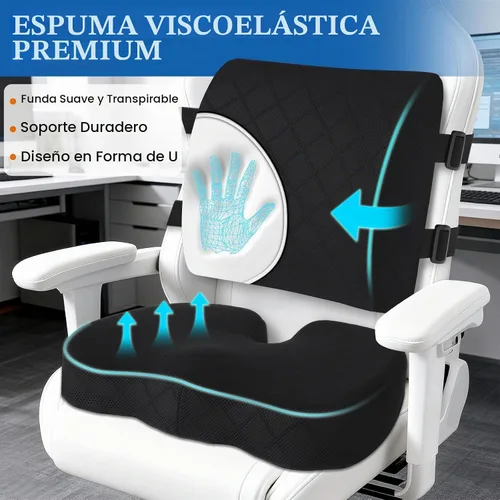 Vista 3 de TushGuard Cojín de Espalda y Asiento, Cojines de Asiento de Coche y Silla de Oficina, Almohada de Respaldo Lumbar de Espuma Viscoelástica Negro