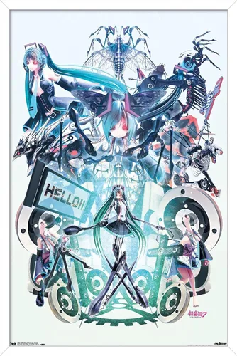 Vista 8 de Trends International Hatsune Miku - Póster de pared Hello, 14.725 x 22.375 pulgadas, versión con marco de madera tipo granero