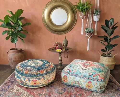Vista 5 de Funda de almohada marroquí para suelo, color azul, redondo, estilo bohemio, decoración de habitación, zona de estar marroquí, puf otomano perfecto