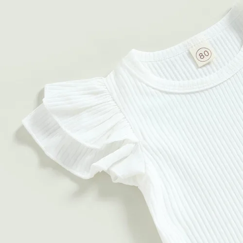 Vista 4 de Ayalinggo Conjunto de ropa para niños y niñas pequeñas, con volantes, manga acanalada, camiseta acanalada, falda acampanada, cinturón, sombrero