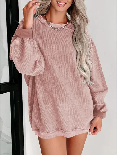 Vista 2 de SELINK Sudadera de pana de gran tamaño con cuello redondo para mujer, manga larga, casual, sin botones