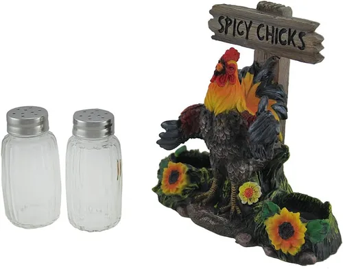 Vista 2 de DWK Figura de gallo novedoso con soporte para especias con salero y pimentero de vidrio recargable, juego de 3 piezas, regalos de gallo, salero