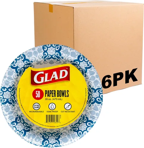 Vista 8 de Glad Cuencos redondos de papel desechables, diseño victoriano azul, resistentes, a prueba de remojo, resistentes a cortes, cuencos de papel
