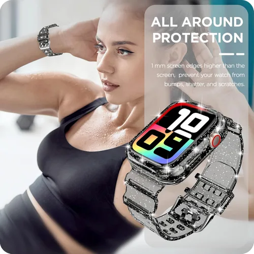 Vista 113 de DABAOZA - Correa transparente compatible con Apple Watch con estuche protector, correa deportiva de TPU con brillo para mujeres y hombres