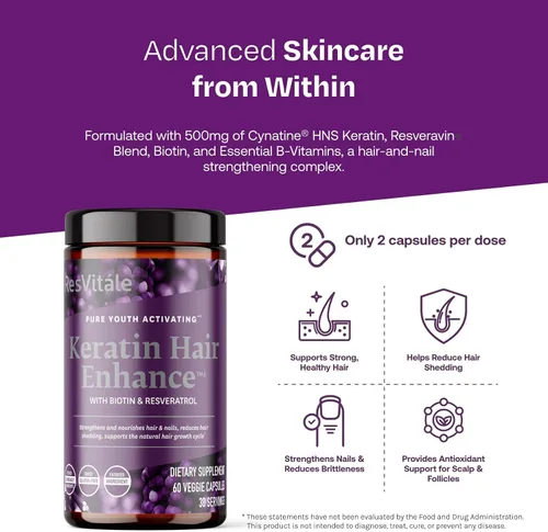 Vista 3 de ResVitále Keratin Hair Enhance - Suplemento de queratina para el crecimiento del cabello - 60 cápsulas