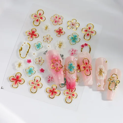 Vista 6 de 4 hojas de calcomanías de flores para arte de uñas, calcomanías de hibisco en relieve 5D, rosa, blanco, lirio, hibisco, flores tropicales, verano