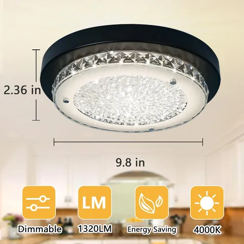Vista 2 de Luz de Techo - Luminaria LED de Montaje al Ras de Cristal Negro de 11 Pulgadas, Moderna, Regulable, para Dormitorio, Luminarias Redondas de Montaje