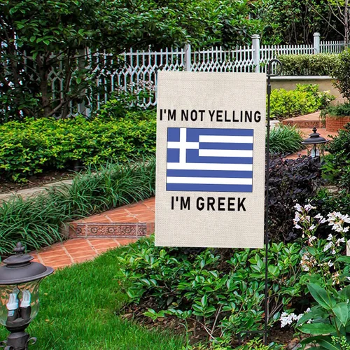 Vista 4 de Bandera de jardín familiar griega con texto en inglés "I'm Not Yelling I'm Greek", bandera para exteriores, bandera de raíz de Grecia, regalo