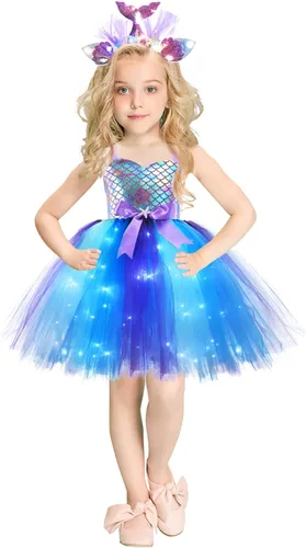 Vista 2 de Girls Mermaid Tutu Dress for Birthday Party, LED Light Up Halloween Mermaid Outfit Dress Up Dress with Headband