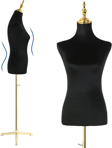 Vista 9 de Modista maniquí femenino: torso de medio cuerpo con altura ajustable, terciopelo corto negro esponjoso, base de metal dorado